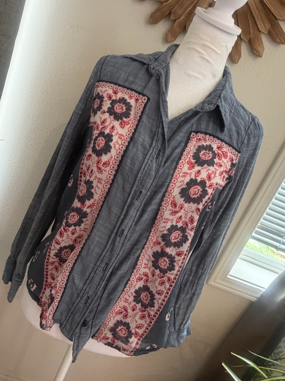 Free People Chambray Bandana Button-Down Shirt | XS | Boho Western Patchwork Top